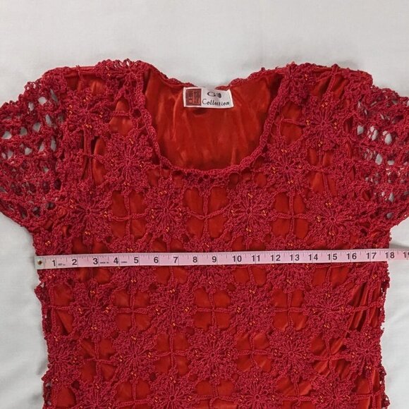 Y2k Red Crochet Layered Crop Sheer Sleeve Satin and Knit Top - Picture 4 of 5